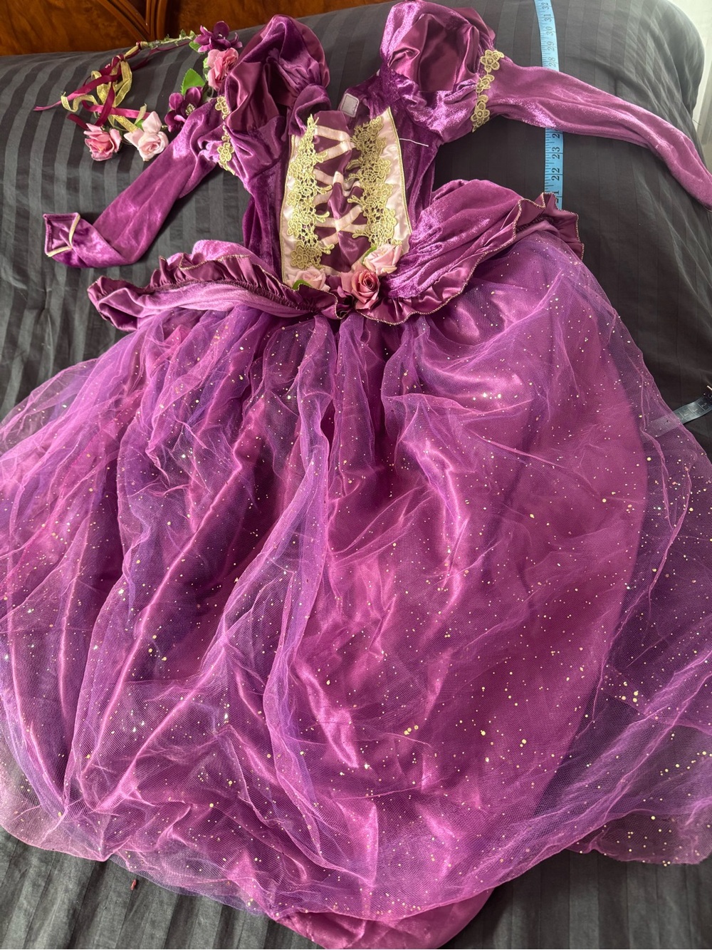 Girls Purple Glitter Princess Theater Costume Dress with Floral Accents